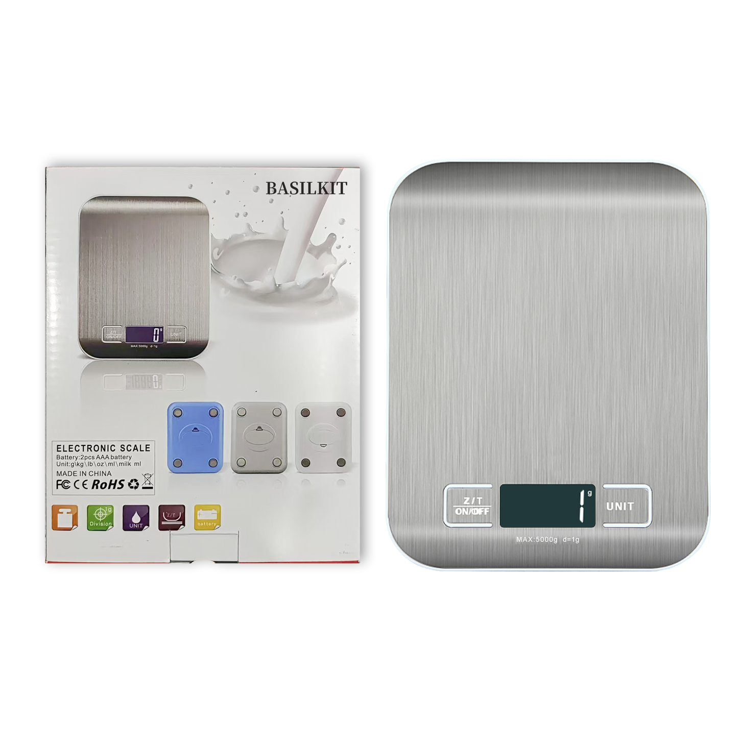 BASILKIT 5kg Precision Digital Kitchen Scale Rechargeable with USB Type-C Charging & LCD Display, Stainless Steel Food Scale in Silver for Cooking Baking with g/oz/lb/ml Units